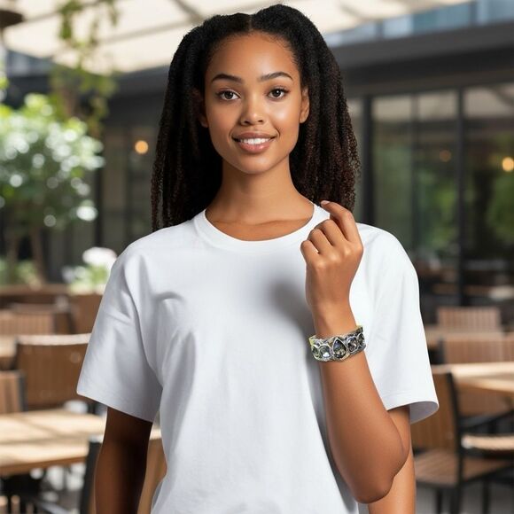 STATEMENT SILVER CUFF BRACELET LARGE FACETED SMOKY CRYSTALS –WOMEN’S BOLD DESIGN - Picture 16 of 17